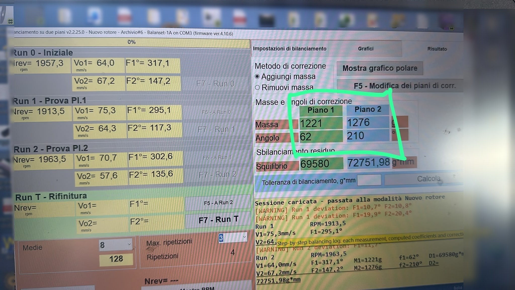 Logiciel Balanset affichant les masses et angles de correction calculés pour deux plans